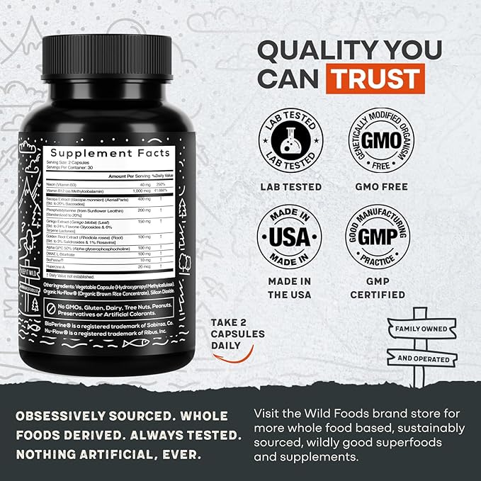 Wild Focus Brain Supplements | Caffeine-Free, Plant-Based Botanicals | Lions Mane, Ginkgo Biloba, Bacopa Monnieri, Lemon Balm | 100% Natural Nootropic | 60 caps