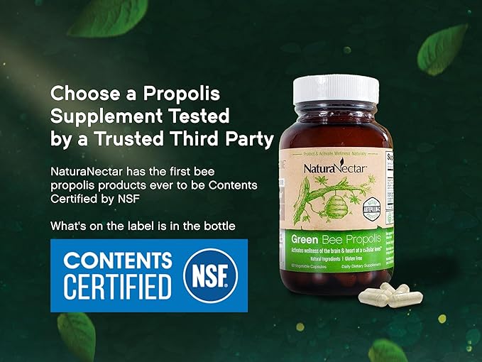 NaturaNectar - Green Bee Propolis Capsules - NSF Contents Certified Brazilian Green Propolis - Gluten-Free Propolis Supplements with Flavonoids - Naturally Sourced Through Ethical Beekeeping (60pcs.)
