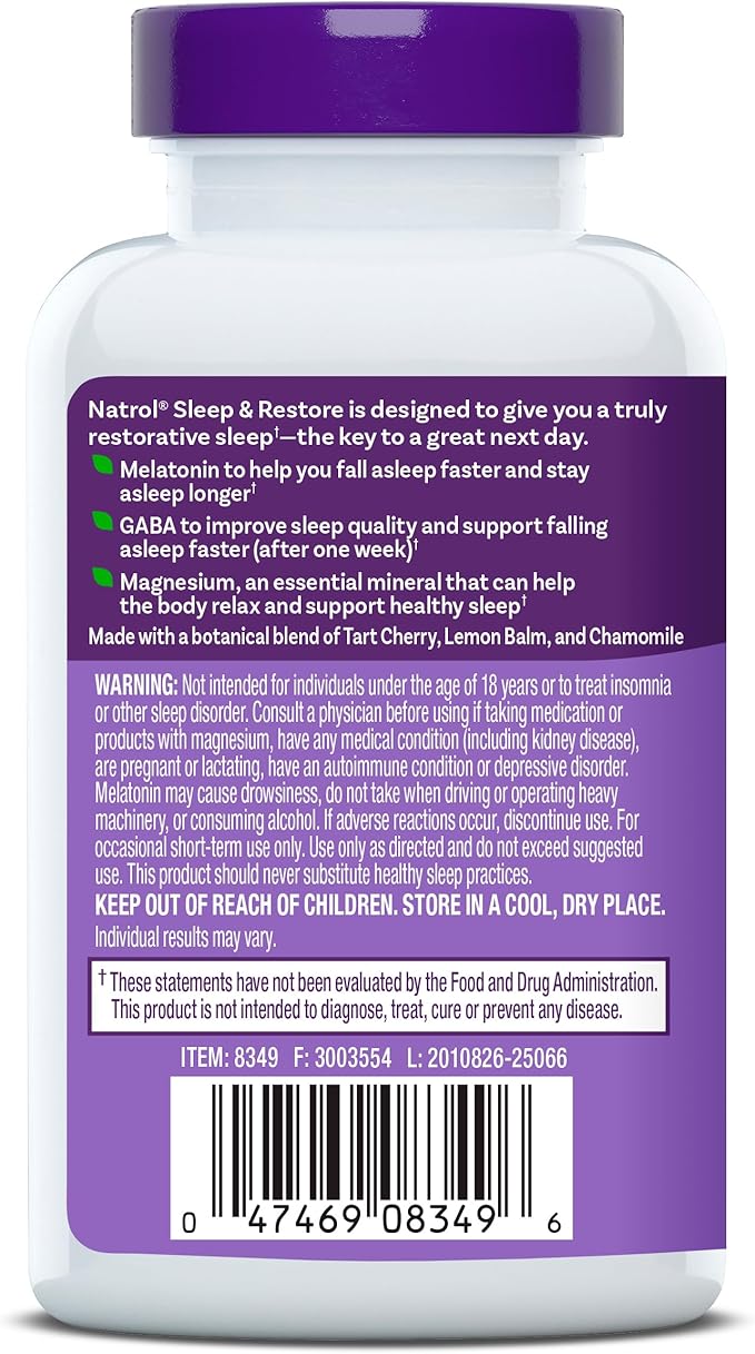 Natrol Sleep & Restore Capsules - Calm Magnesium Glycinate, Magnesium Sleep Aid with GABA, Melatonin 5mg, Botanical Blend, 30 Day Supply