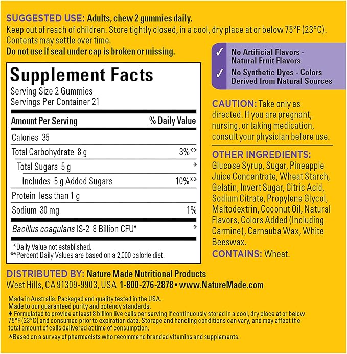 Nature Made Probiotics Extra Strength Dosage, Probiotics for Women and Men 8 Billion CFU per 2 Gummies, 42 Probiotic Gummies, 21 Day Supply