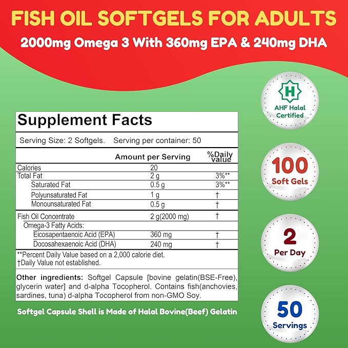 Halal Fish Oil 2000mg Softgels with 360mg EPA & 240mg DHA. 100 Wild Caught & Non-GMO Omega 3 Softgels for Heart & Brain Health. Burpless, Easy-to-Swallow Fish Oil Omega 3 Supplements