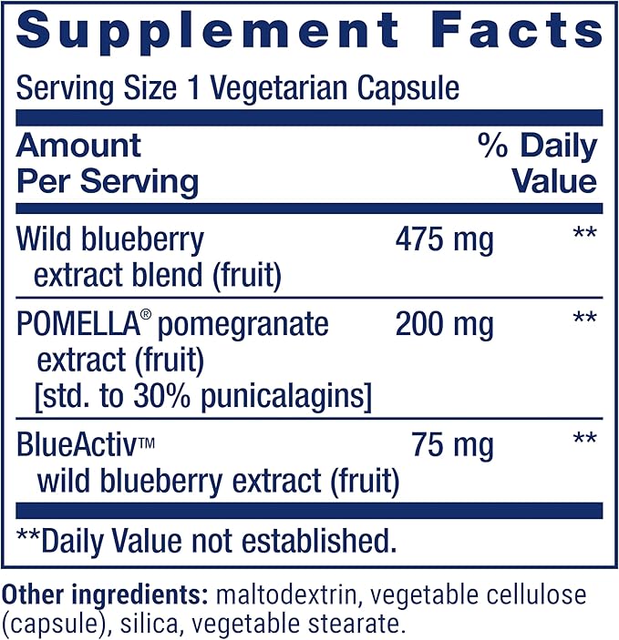 Life Extension Blueberry Extract and Pomegranate, arterial Health Support, antioxidant Defense, Gluten-Free, Non-GMO, Vegetarian, 60 Vegetarian Capsules