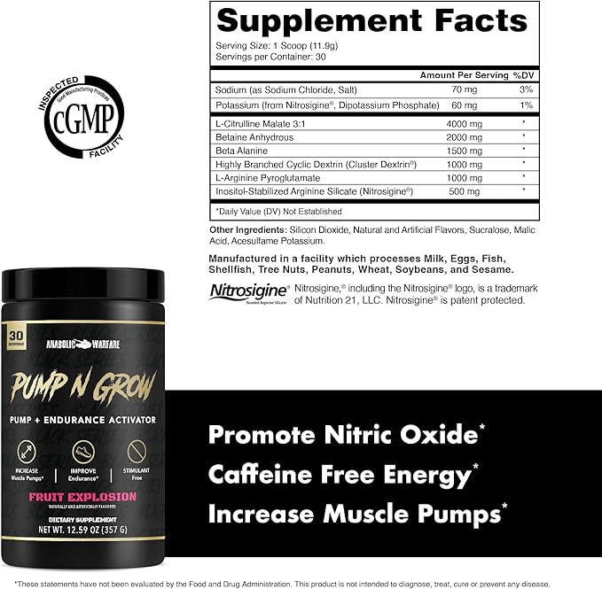 Anabolic Warfare Pump-N-Grow Muscle Pump Supplement Caffeine Free Pre Workout with L-Citrulline, L-Arginine, Beta-Alanine (Fruit Explosion– 30 Servings)