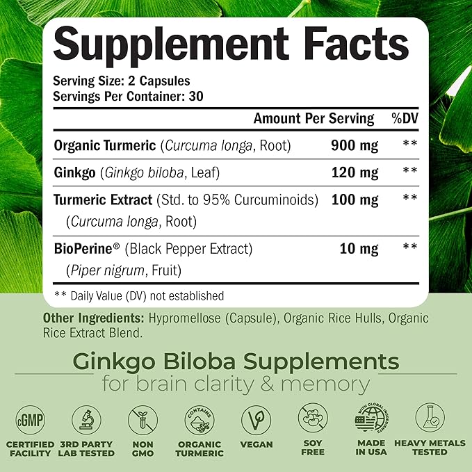 Turmeric Curcumin with Black Pepper and Ginkgo Biloba supplements. Natural Turmeric Supplement with Organic Tumeric to aid Joint Health, Brain Clarity, Focus, Memory, and Concentration. Vegan. 60 Caps