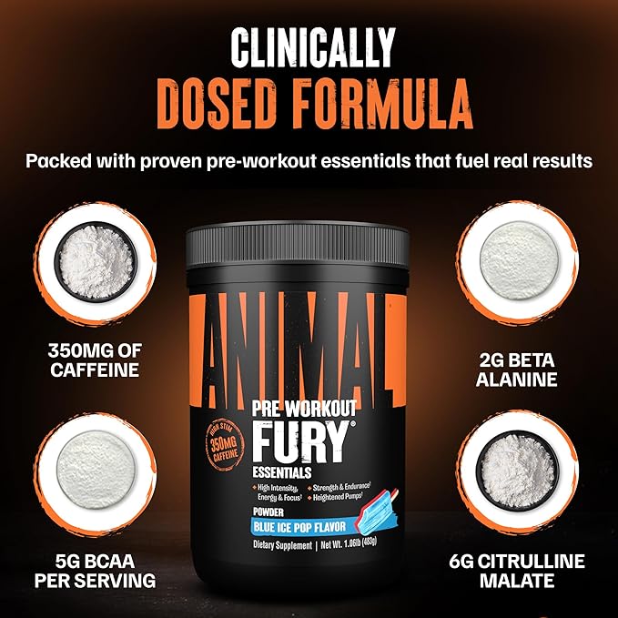 Animal Fury Pre Workout Powder – Blue Ice Pop, 350mg Caffeine, BCAA Amino Acids, 2g Beta Alanine, Citrulline & Tyrosine, Energy, Focus, Strength, Endurance, Preworkout for Men & Women, 30 Servings