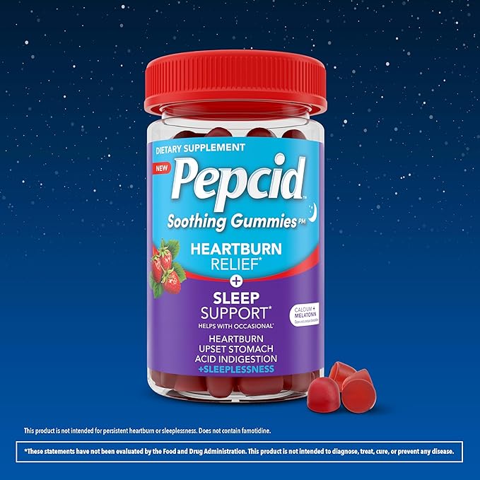 Pepcid Soothing Gummies, Heartburn Relief + Sleep Support Gummies Help Occasional Heartburn, Upset Stomach, Acid Indigestion + Sleeplessness, Calcium & Melatonin, Strawberry, 32 ct