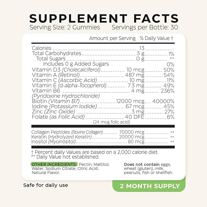 Biotin and Collagen Peptide Gummies for Hair Growth, Skin and Nails - 82000 Mcg per Serving - Biotin Chewables with Keratin Max Strength - Beauty Gummies for Women and Men - Vegan, Sugar Free, Non-GMO