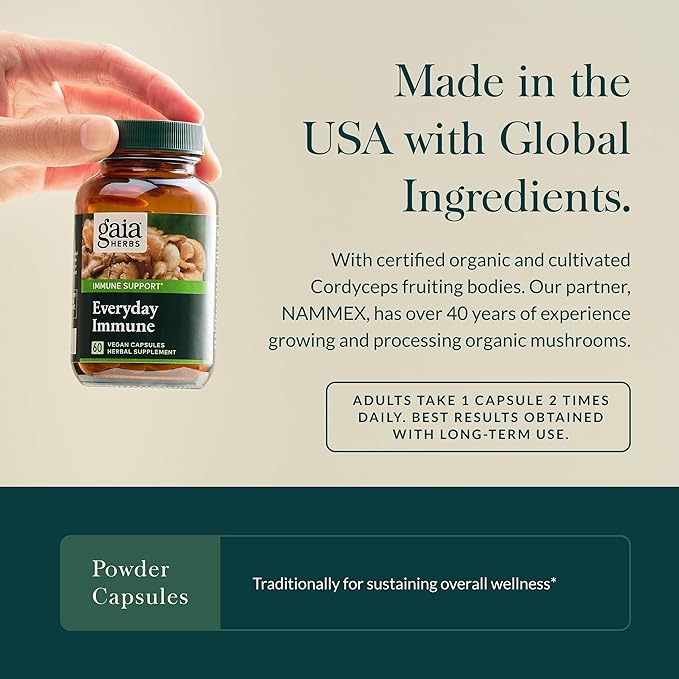 Gaia Herbs Everyday Immune Mushrooms&Herbs-Immune Support Supplement to Help Aid Overall Wellness* -with Turmeric Curcumin, Astragalus, Cordyceps, and Chaga Mushrooms-60 Vegan Capsules(30-Day Supply)