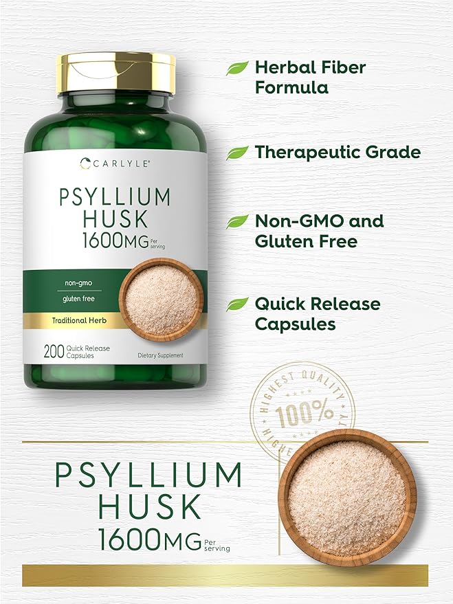 Carlyle Psyllium Husk Capsules | 1600mg | 200 Count | High Potency Fiber Supplement | Non-GMO, Gluten Free