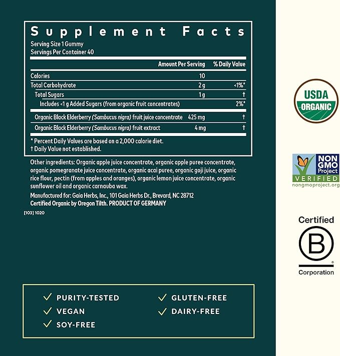 Gaia Herbs GaiaKids Black Elderberry Daily Gummies for Kids - Delicious Immune Support Supplement - Certified Organic Black Elderberries for Immune System Support - 40 Gummies (40-Day Supply)