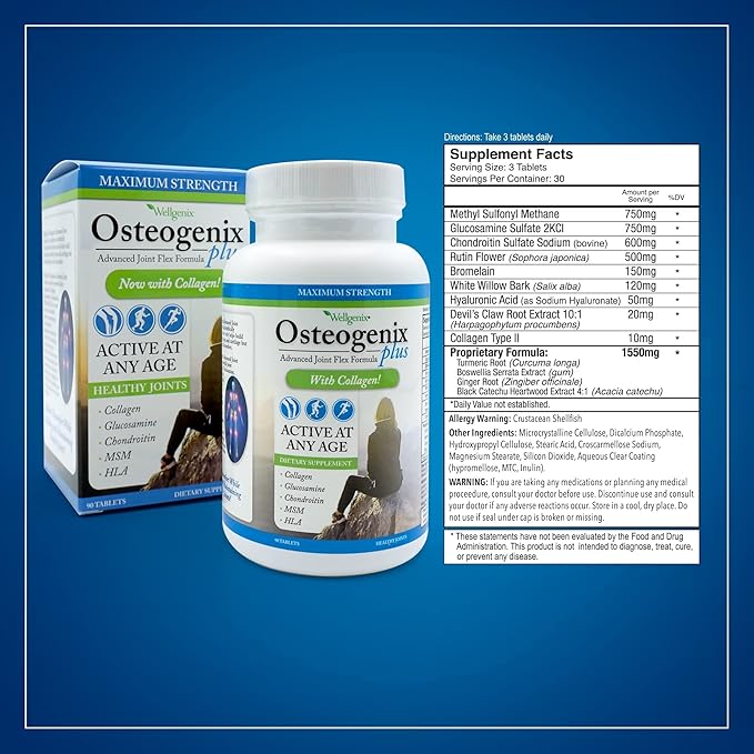 Wellgenix Osteogenix Advanced Joint Flex Formula (90 Ct) - Knee Supplement with Collagen II, Glucosamine, Chondroitin, MSM & HLA - Lubrication & Discomfort Support Tablets for Men & Women
