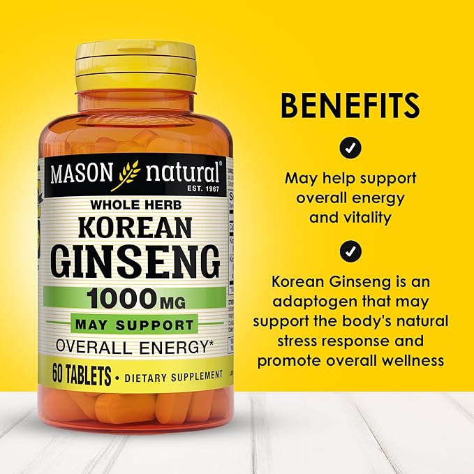 MASON NATURAL Korean Ginseng 1,000 mg, Supports Energy, Endurance & Vitality, 60 Tablets