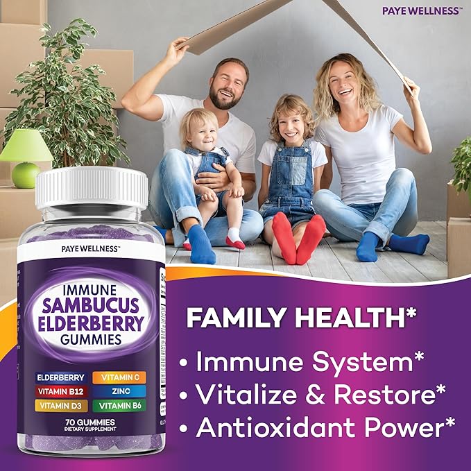 Elderberry Gummies Immune Support, Daily Support for Kids and Adults*, with Sambucus Elderberry, Zinc, Vitamin C, D3, B6, B12, Plus - Dietary Supplement - 70 Count