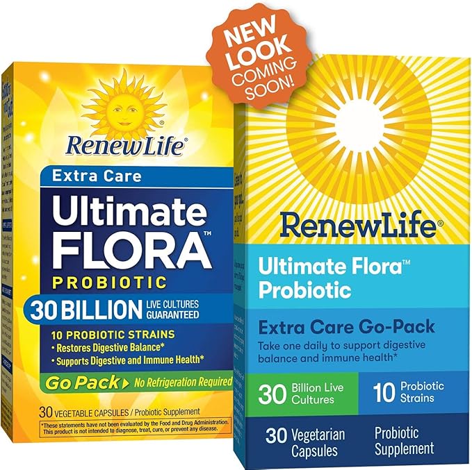 Renew Life Adult Probiotic - Ultimate Flora Probiotic Extra Care Go Pack, Shelf Stable Probiotic Supplement - 30 billion - 30 Vegetable Capsules (Packaging May Vary)