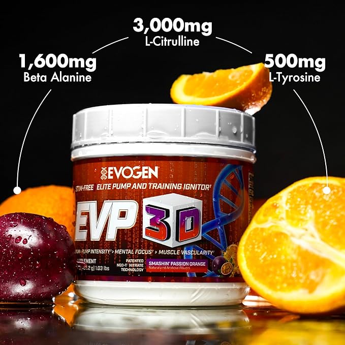 Evogen EVP 3D - Stim Free Pre Workout Powder for Men & Women | Sugar Free Non Stim Preworkout with Beta Alanine and Creatine for Energy & Pump | Orange | 40 Servings