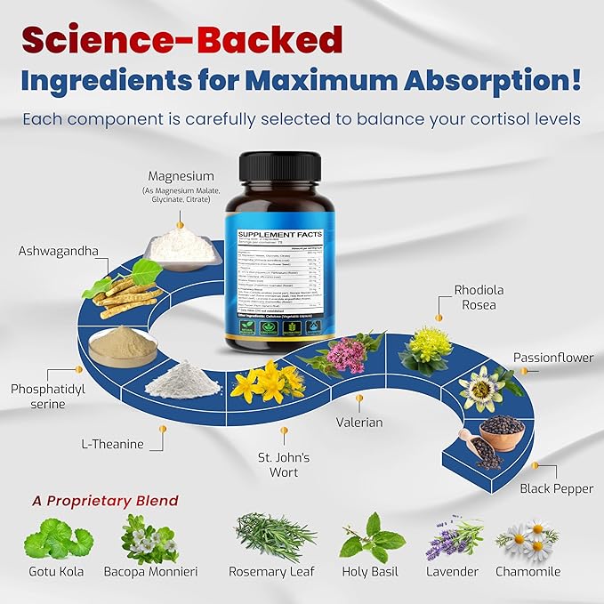 VEGATOT Organic Cortisol Wellness Complex 15-in-1 Formula with Magnesium Ashwagandha St. John's Wort Valerian Rhodiola Rosea Passionflower Chamomile
