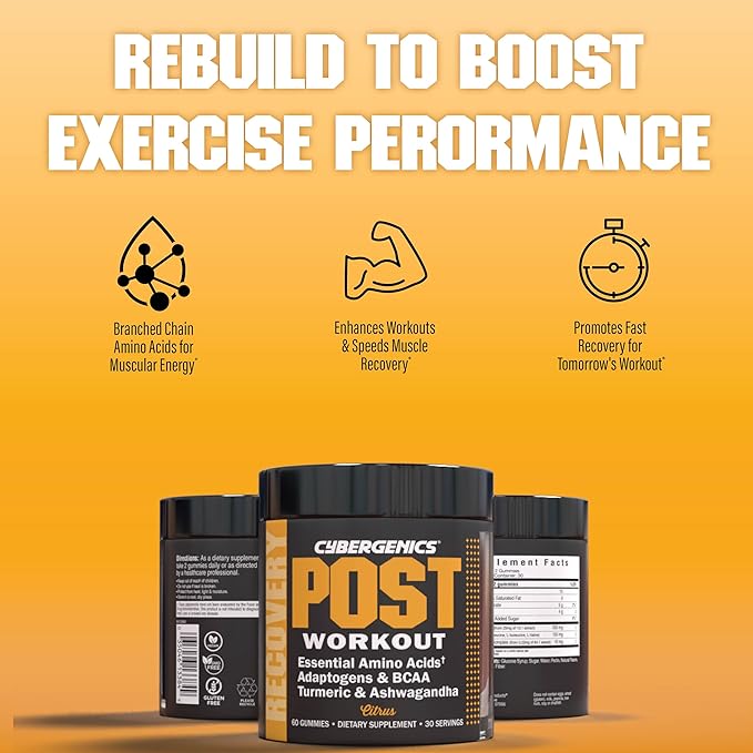 Post-Workout Gummies, Recovery Accelerator, Support Muscle Recovery & Joint Health, Essential Amino Acids, with Ashwagandha & Curcumin, BCAAs, Citrus Flavor, 60 Gummies, 30 Servings
