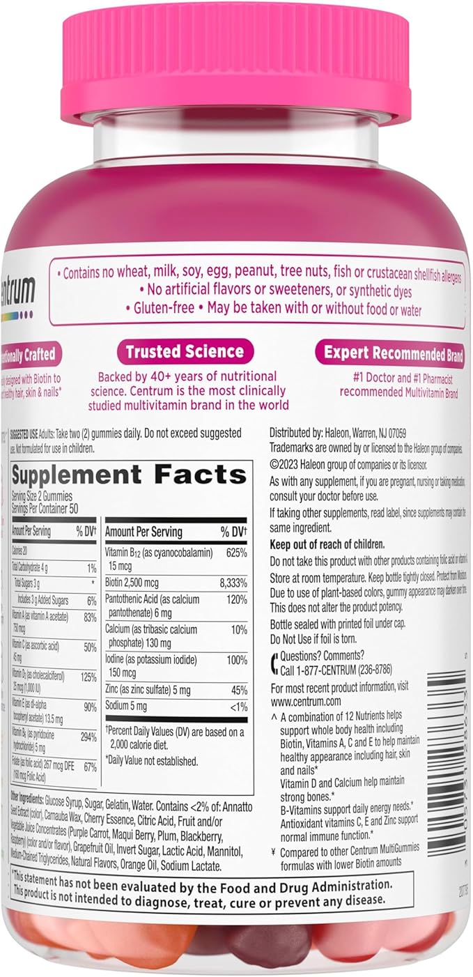 Centrum MultiGummies Multi+ Beauty Dual Action Multivitamin, Specially Designed with Biotin for Healthy Hair, Skin and Nails, Cherry/Berry/Orange Flavors - 100 Count