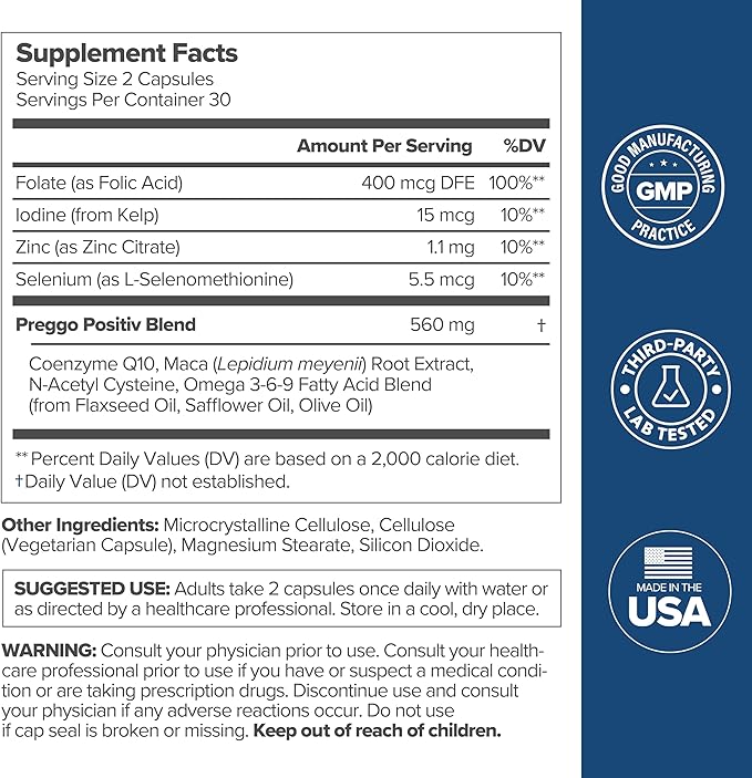 O Positiv Preggo Conception Support Capsules for Women - OBGYN-Formulated Pre Prenatal Vitamins with Clinically-Studied Ingredients - CoQ10, N-Acetyl Cystein - Female Sexual Health, 60 Ct (Pack of 1)