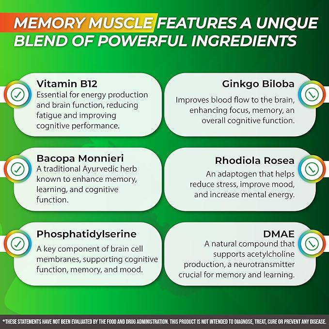 Memory Muscle - Premium Memory Support Supplement with Nootropics for Enhanced Focus & Mental Clarity - Featuring B12 for an Added Energy Boost
