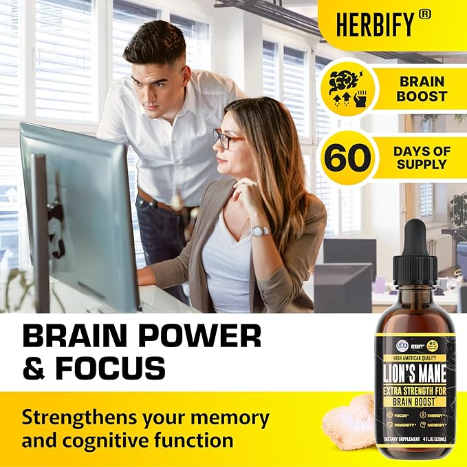 HERBIFY Lions Mane Supplement - Daily Mushroom Supplement for Memory, Focus & Clarity - Brain Booster - Lions Mane Tincture for Immune Support - 4 Fl oz