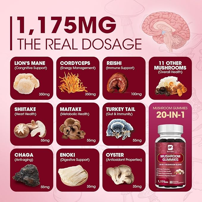 (2 Pack Mushroom Complex Gummies with Lions Mane, 20-in-1 Comprehensive Mushroom Supplement for Brain Health, Focus & Clarity, Vegan, Non-GMO, Raspberry Flavor, 120 Gummies