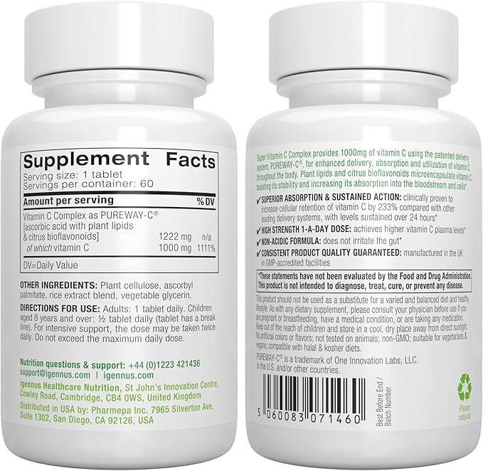 High Absorption Super Vitamin C, Clean Label Pureway-C 1000mg, Vegan Vitamin C with Bioflavonoids, 60 Servings, 24-Hour Action, Immune Health, Energy, Heart & Brain, by Igennus