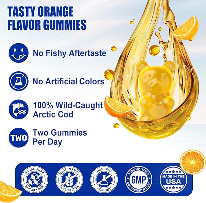 (Made in USA) Cod Liver Oil 1000mg Gummies for Adults & Kids, with Vitamin A & D3 - Omega 3 Fish Oil Alternative - DHA 360mg & EPA 240mg for Brain, Bone, Eye & Immune Health, Sugar Free, 120 Cts
