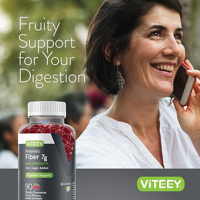 VITEEY Prebiotic Fiber Gummies for Adults, 7g - Zero Sugar Added - Fiber Supplement for Digestive Health Regularity & Natural Weight Support - Vegan, Gelatin Free - Chewable Fruit Flavored Gummy