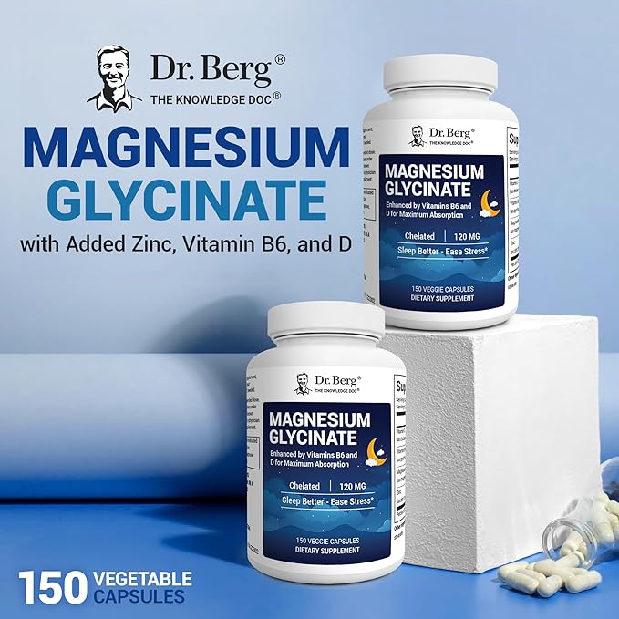 Dr. Berg Magnesium Glycinate with Vitamin D, B6 & Zinc for Stress Relief, Calm, Relaxation, & Good Sleep* - 120 mg Per Magnesium Supplement Capsule - Chelated Magnesium Glycinate - 150 Caps