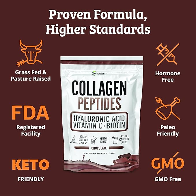 Chocolate Collagen Powder. Collagen with Hyaluronic Acid and Vitamin C. Chocolate Collagen Peptides Powder Chocolate. Collagen with Vitamin C & Biotin for Hair, Skin, Nails, Joint. Keto, Type 1 and 3.