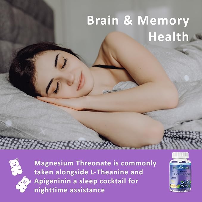 Magnesium L-Threonate Gummies with Apigenin L-Theanine Cat Claw Ginkgoo Biloba Fiber VIT D3 K2 B6 Coq10, Focus Memory Brain Support, Magnesium Threonate Gummies Sugar Free Keto Vegan - Blueberry