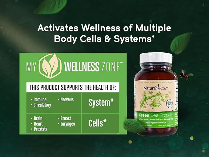 NaturaNectar - Green Bee Propolis Capsules - NSF Contents Certified Brazilian Green Propolis - Gluten-Free Propolis Supplements with Flavonoids - Naturally Sourced Through Ethical Beekeeping (60pcs.)