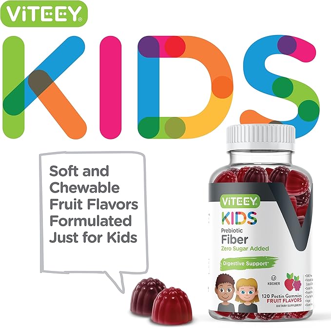 Viteey Prebiotic Kids Fiber for Constipation Relief, Digestive Health Regularity Support, Natural Weight Support - Fiber 4g, Zero Sugar Added, Vegan, Gluten Free - Tasty Chewable Fruit Flavored Gummy