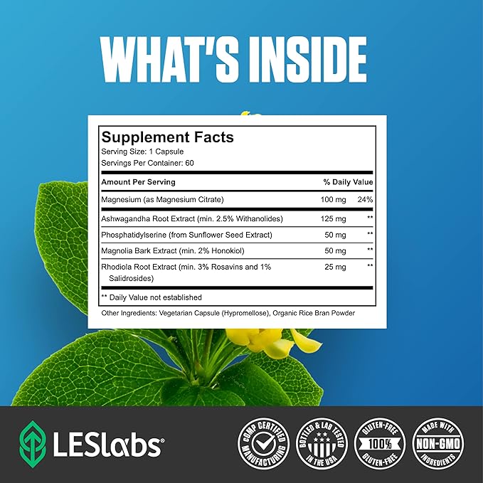 LES Labs Cortisol Health – Stress Relief, Balanced Cortisol Response, Relaxation & Deep Sleep – Phosphatidylserine, Magnesium, Magnolia Bark, Rhodiola Rosea & Ashwagandha – Non-GMO – 60 Capsules