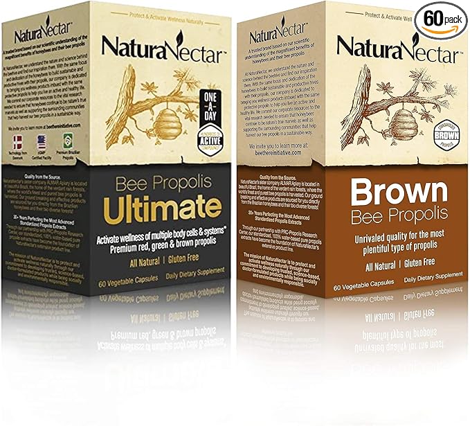 NaturaNectar Natural Bee Propolis Bundle – Bee Propolis Ultimate and Brown Bee Propolis - for Immune, Cardiovascular, and Respiratory Systems Support - 60 Capsules per Bottle