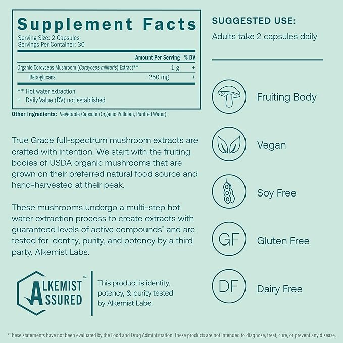 True Grace Mushroom Cordyceps Energy & Endurance Support - 60 Count Capsules - Organic