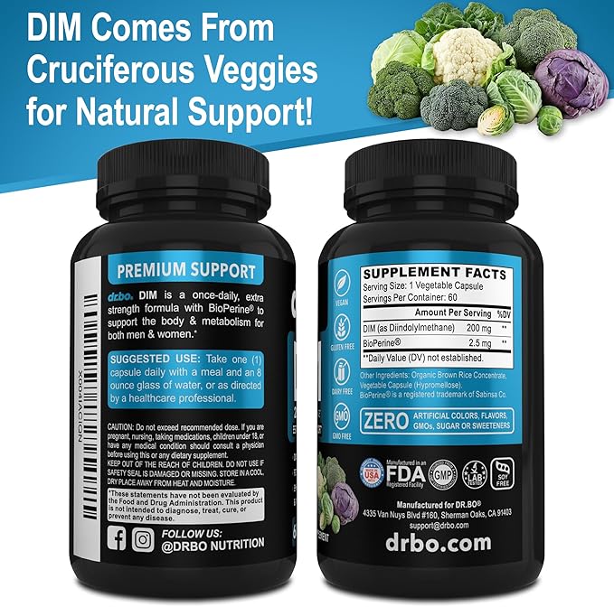 DIM Supplement for Women & Men 200mg - Androgen Estrogen Blocker for Men & Women, Hormonal Acne Pills, Hormone Balance, Menopause Support, Diindolylmethane DIM Supplement Plus BioPerine - 60 Capsules