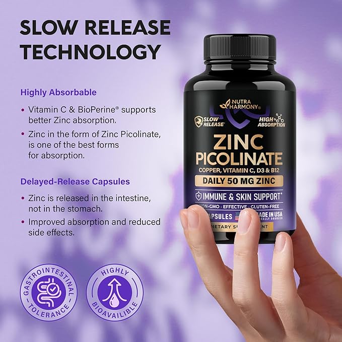 Zinc Picolinate 50mg - Zinc Supplement with Copper, Vitamin D3 & B12 - Stomach Friendly | Slow Release - Immune Support & Skin Health - High Absorption with BioPerine & Vitamin C - 60 Capsules