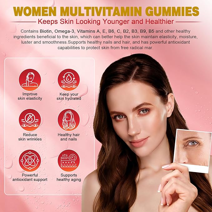 Sugar-Free Women's Multivitamin Gummies - Women Methylated Multivitamin Filled Gummies with Omega-3, Enzymes & Antioxidant Blend to Support Overall Health, Immunity, Hair, Nails & Skin Health - 60 ct