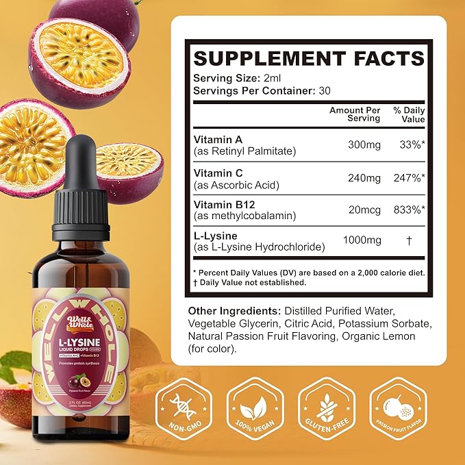 L-Lysine Supplement Liquid Drops | L-Lysine 1000mg Tincture with Vitamin A, C, and B12 for Adults & Kids | Immune Support, Skin & Lips Health, Collagen Synthesis | Non-GMO, Vegan, 2 Fl Oz (60 ML)
