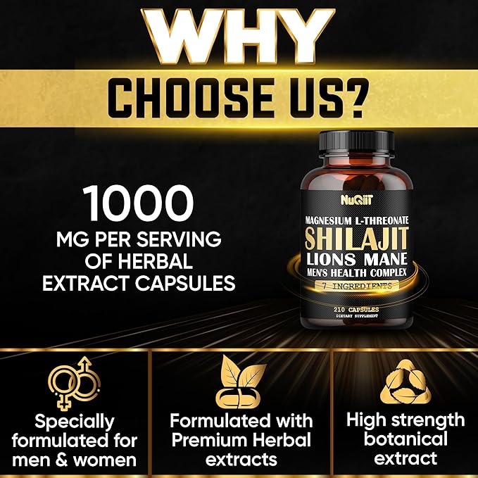 210 Capsules - Magnesium with Lions Mane, Shilajit Capsules, and Male's Health Complex as Ashwagandha, Maca Root & More - Support Immune, Brain Health, and Energy Production