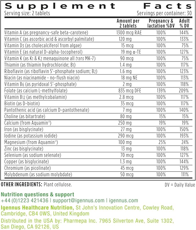 Igennus Methylated Prenatal Multivitamin for Women, Folate for MTHFR, High Absorption, Clean Label, Gentle Iron, Choline, Calcium & Magnesium, Vegan Pregnancy Vitamins, Halal, Non-GMO, 60 Tablet