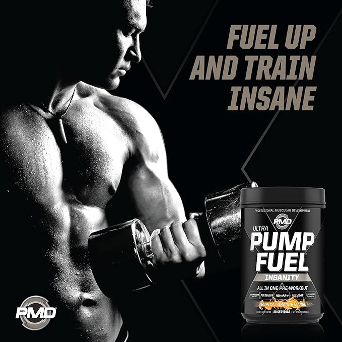 PMD Sports Ultra Pump Fuel Insanity - Pre Workout Drink Mix for Energy, Strength, Endurance, Recovery - Complex Carbohydrates and Amino Energy - Tropical Orange Mango (30 Servings)