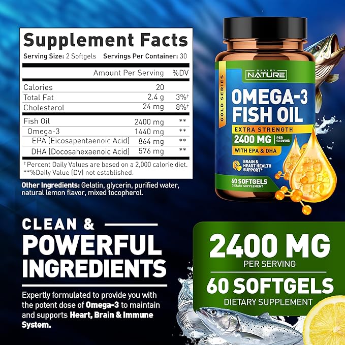 Built by Nature Omega 3 Fish Oil Soft Gels - 2400 mg Fish Oil, 1440 mg Omega 3, 864 mg EPA, 576 mg DHA - Extra Strength Brain & Heart Health Support Supplement - 60 Softgels