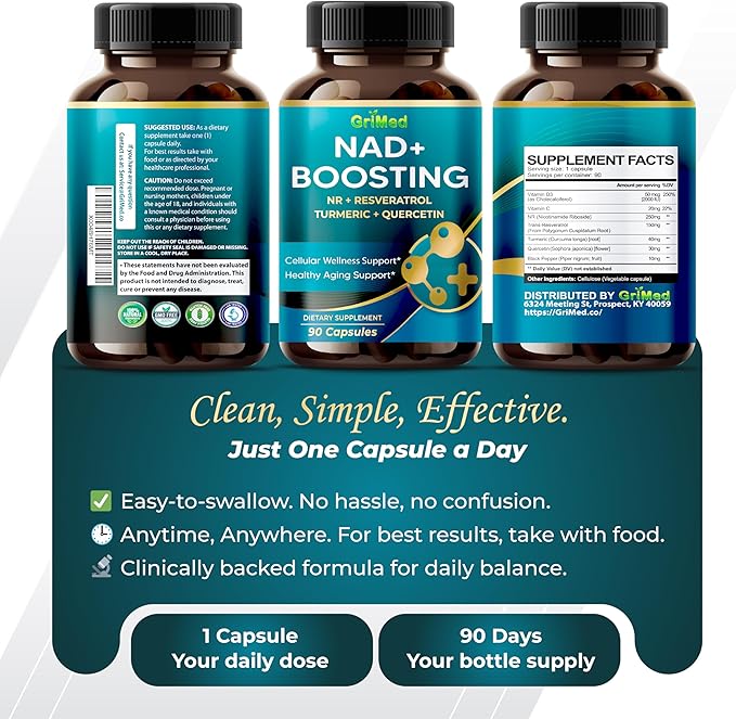 GriMed NAD + Boosting 16,550mg- x12 Power with NR + Resveratrol Turmeric + Quercetin - Cellular Energy, Cellular Repair, Healthy Aging - USA Made & Tested (90 Count (Pack of 1))