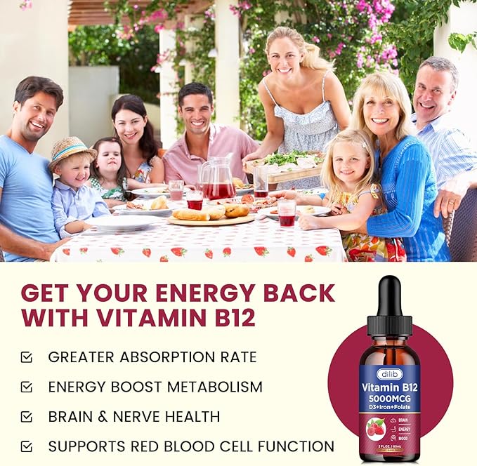 Vitamin B12 Complex 5000 mcg | Vegan B12 Liquid Drops Sublingual Supplement | Methylcobalamin w/ Folate, Folate, Vitamin B6, C, D3 for Long-Lasting Energy and Healthy Metabolism, Raspberry Flavor
