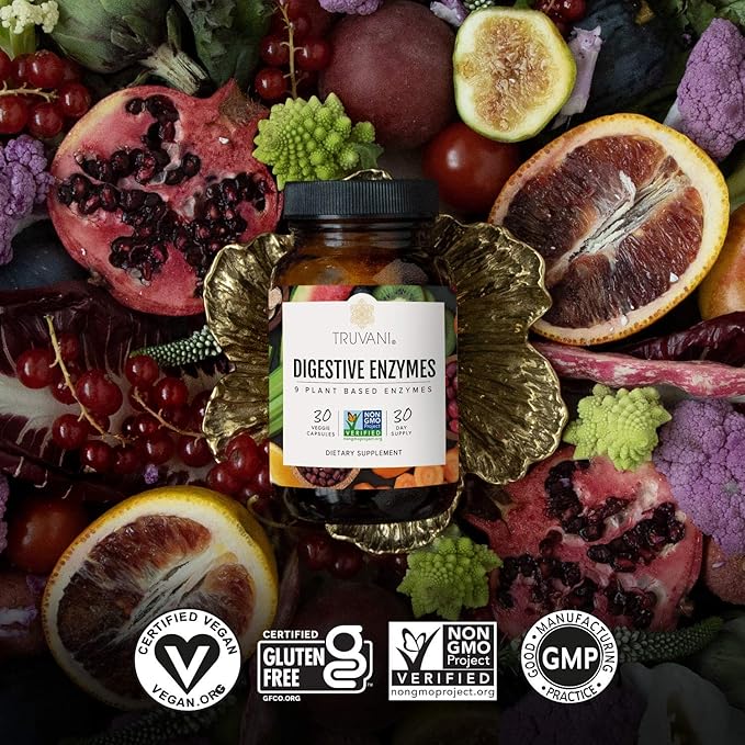 Truvani Digestive Enzymes | 9 Enzyme Blend | Digestive Support | Reduce Bloating | Increased Nutrient Absorption | Non-GMO Capsules| 30 Day Supply
