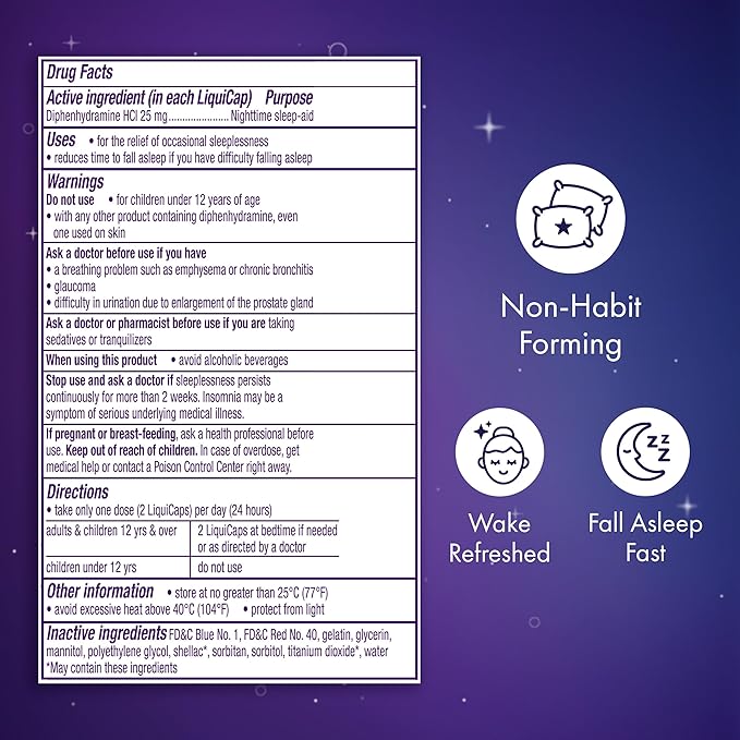 ZzzQuil LiquiCap Sleep Aid, Diphenhydramine 25mg HCl, Sleep Aids for Adults, Nighttime Sleep Aid, 72 LiquiCaps