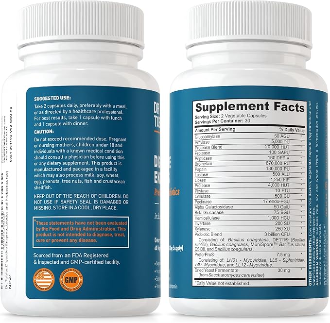 Dr. Tobias Digestive Enzymes with Probiotics, Prebiotics and Postbiotics Bromelain, Amylase, Lipase, for Better Digestion & Immune Function, 60 Capsules, 30 Servings (2 Daily)